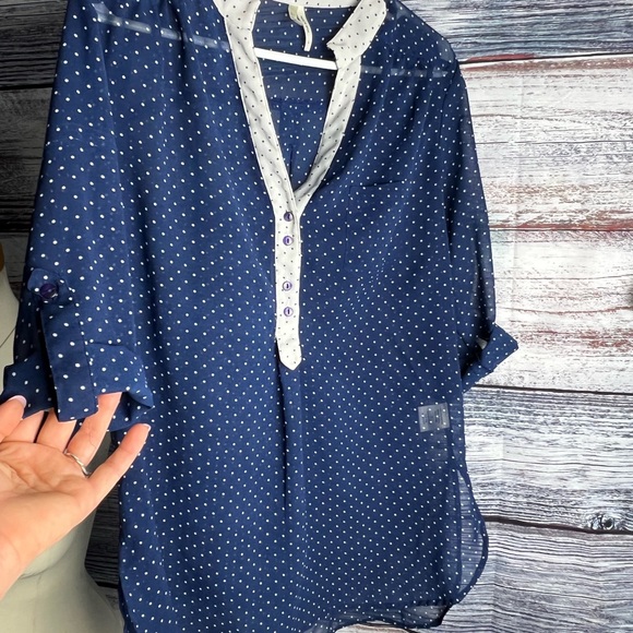 NYC NEW YORK FASHION Navy Polka Dot Sheer Women Blouse 3/4 sleeve size Large - Picture 5 of 5